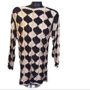 Vintage 90s Metallic Loose Knit Argyle Sweater Top Tunic Gold Eve Lightweight M